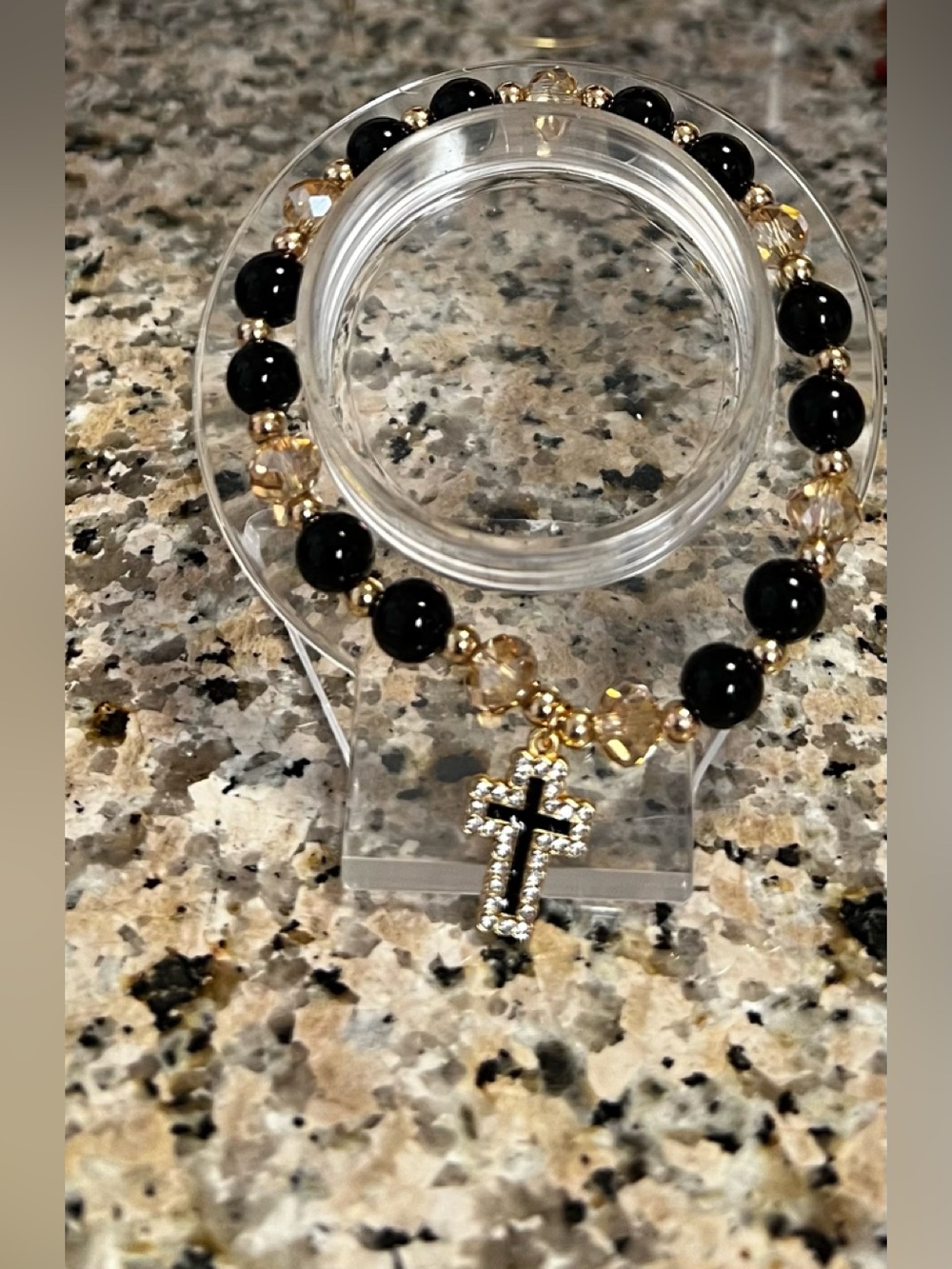 Black & Gold Beaded Bracelet with Crystal Cross Charm ( Size 7 1/2 to 8 1/2) New